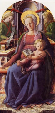 two boys singing Painting - Madonna and Child enthroned with two Angels Christian Filippino Lippi